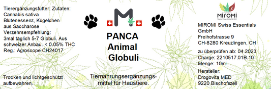 PANACA Animal Globuli – Rückseite mit Etikette und Inhaltsstoffen | MIROMI - Swiss Essentials GmbH