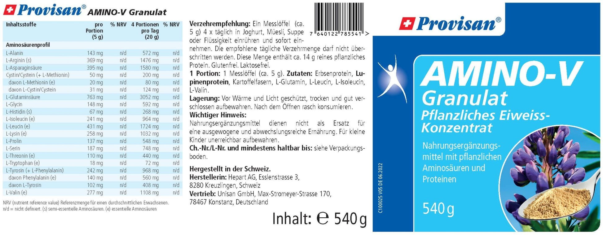PROVISAN AMINO-V GRANULAT – Rückseite mit Etikette und Inhaltsstoffen |  MIROMI - Swiss Essentials GmbH