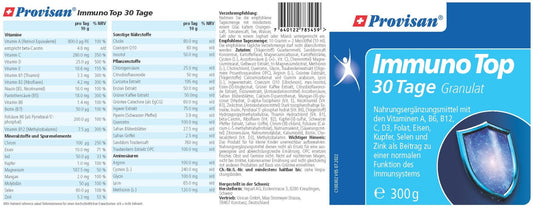 PROVISAN IMMUNO TOP GRANULAT – IMMUNSYSTEM – Rückseite mit Etikette und Inhaltsstoffen | MIROMI - Swiss Essentials GmbH