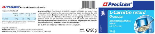 PROVISAN L-CARNITIN-RETARD GRANULAT – Rückseite mit Etikette und Inhaltsstoffen | MIROMI - Swiss Essentials GmbH