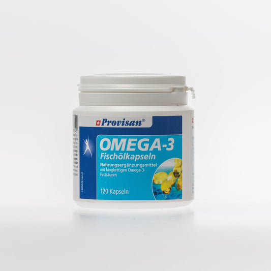 Provisan Omega-3, 120 pezzi: barattolo bianco con etichetta blu.