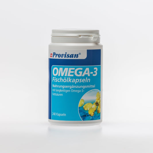 Provisan Omega-3, 240 pezzi: barattolo bianco con etichetta blu.
