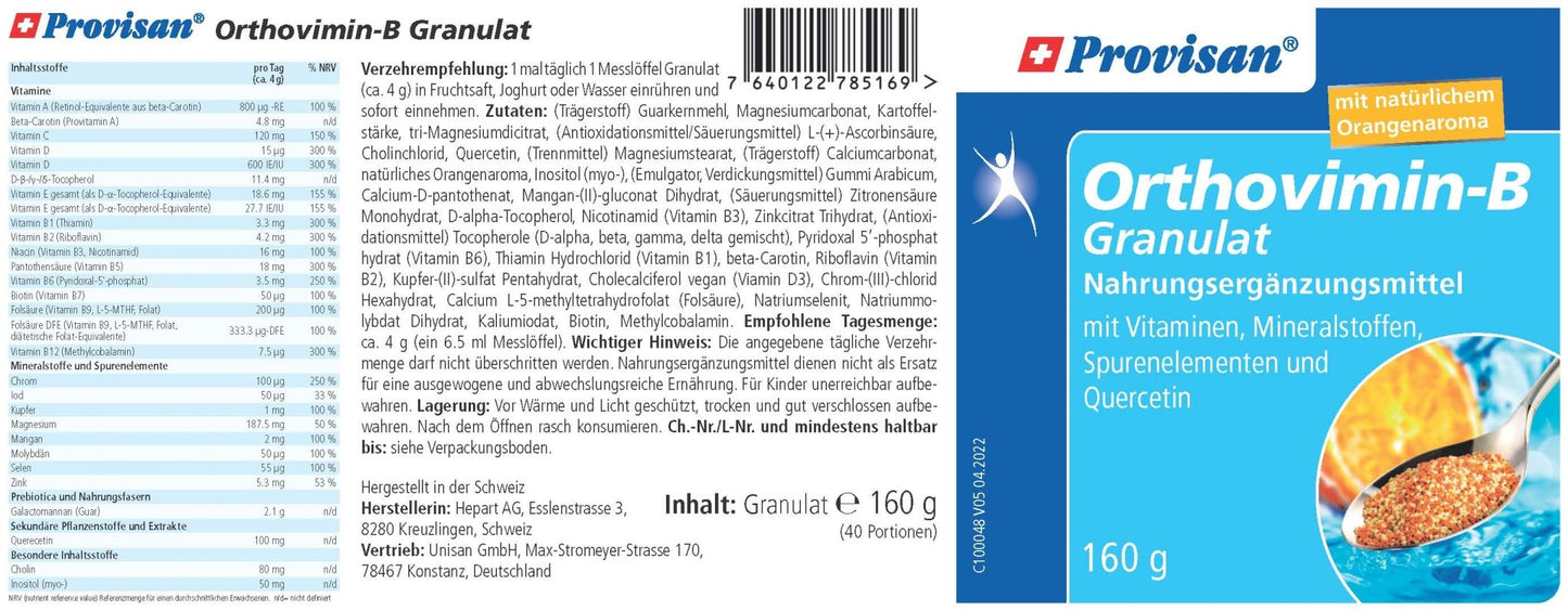 PROVISAN ORTHOVIMIN-B GRANULAT – Rückseite mit Etikette und Inhaltsstoffen | MIROMI - Swiss Essentials GmbH