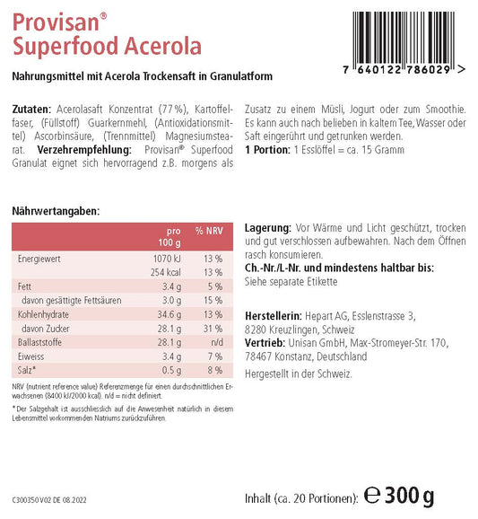 PROVISAN SUPERFOOD ACEROLA – Rückseite mit Etikette und Inhaltsstoffen | MIROMI - Swiss Essentials GmbH