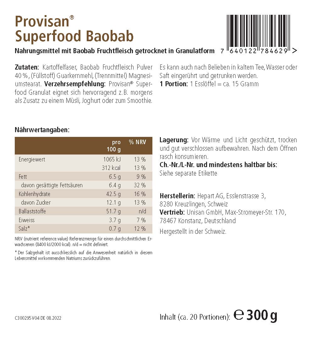 PROVISAN SUPERFOOD BAOBAB – Rückseite mit Etikette und Inhaltsstoffen | MIROMI - Swiss Essentials GmbH