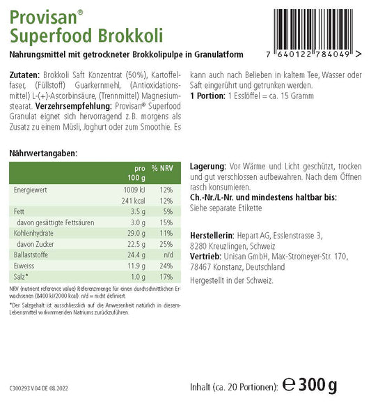 PROVISAN SUPERFOOD BROKKOLI – Rückseite mit Etikette und Inhaltsstoffen | MIROMI - Swiss Essentials GmbH