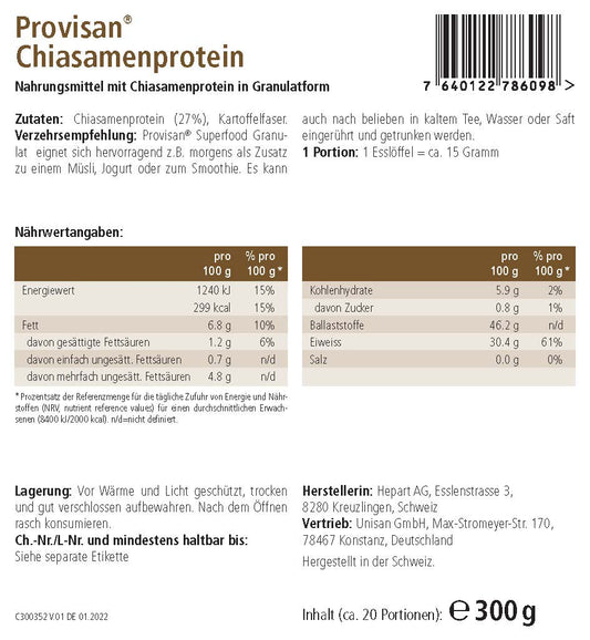 PROVISAN SUPERFOOD CHIASAMENPROTEIN – Rückseite mit Etikette und Inhaltsstoffen | MIROMI - Swiss Essentials GmbH