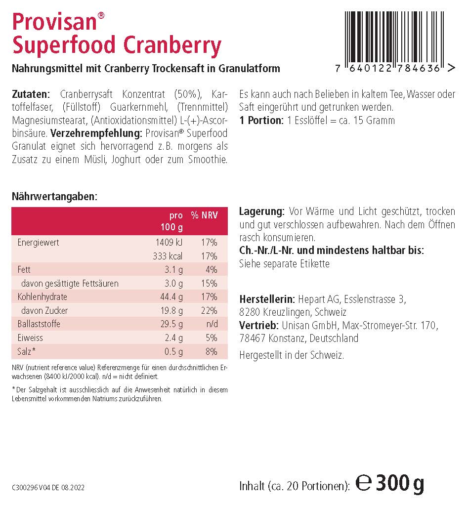 PROVISAN SUPERFOOD CRANBERRY – Rückseite mit Etikette und Inhaltsstoffen | MIROMI - Swiss Essentials GmbH