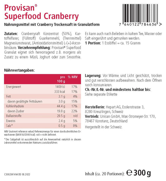 PROVISAN SUPERFOOD CRANBERRY – Rückseite mit Etikette und Inhaltsstoffen | MIROMI - Swiss Essentials GmbH