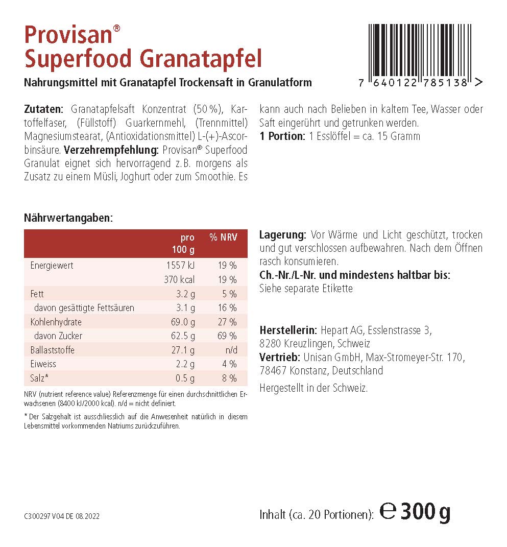 PROVISAN SUPERFOOD GRANATAPFEL – Rückseite mit Etikette und Inhaltsstoffen | MIROMI - Swiss Essentials GmbH