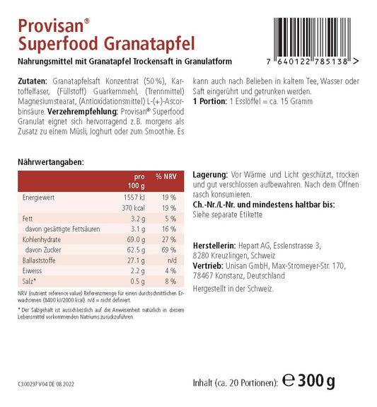 PROVISAN SUPERFOOD GRANATAPFEL – Rückseite mit Etikette und Inhaltsstoffen | MIROMI - Swiss Essentials GmbH