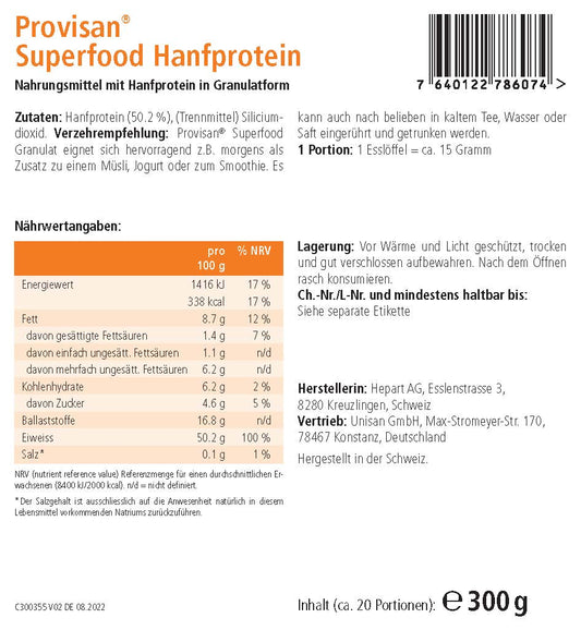 PROVISAN SUPERFOOD HANFPROTEIN – Rückseite mit Etikette und Inhaltsstoffen | MIROMI - Swiss Essentials GmbH