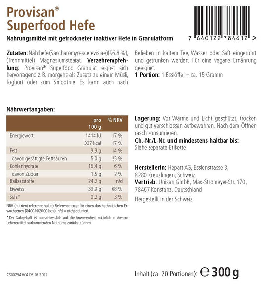 PROVISAN SUPERFOOD HEFE – Rückseite mit Etikette und Inhaltsstoffen | MIROMI - Swiss Essentials GmbH