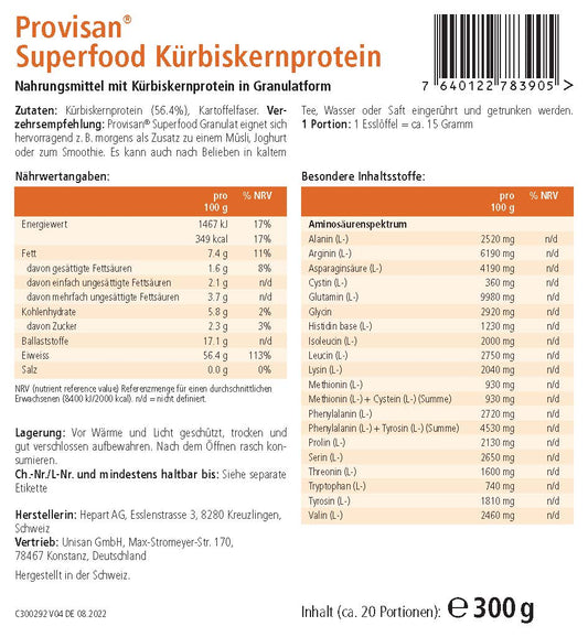 PROVISAN SUPERFOOD KÜRBISKERNPROTEIN – Rückseite mit Etikette und Inhaltsstoffen | MIROMI - Swiss Essentials GmbH