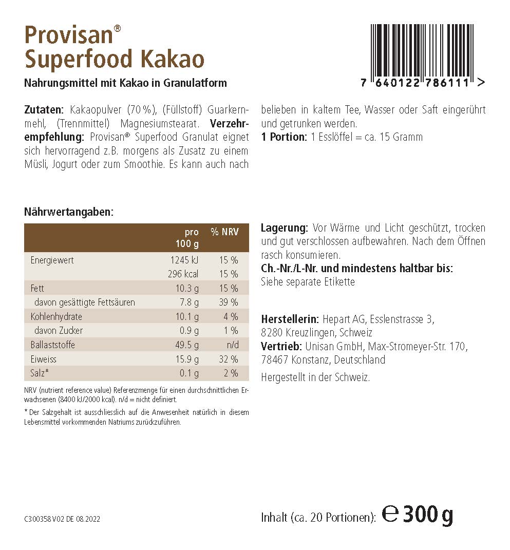 PROVISAN SUPERFOOD KAKAO – Rückseite mit Etikette und Inhaltsstoffen | MIROMI - Swiss Essentials GmbH