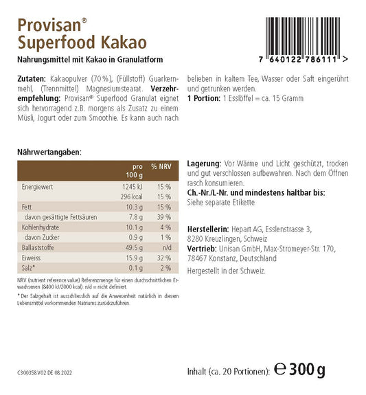 PROVISAN SUPERFOOD KAKAO – Rückseite mit Etikette und Inhaltsstoffen | MIROMI - Swiss Essentials GmbH