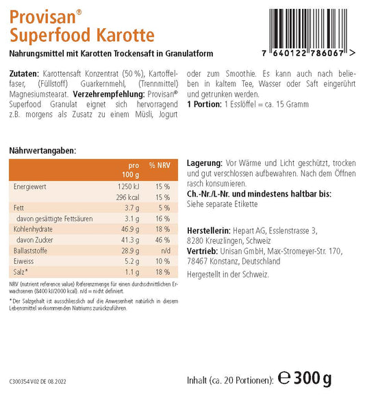 PROVISAN SUPERFOOD KAROTTE – Rückseite mit Etikette und Inhaltsstoffen | MIROMI - Swiss Essentials GmbH
