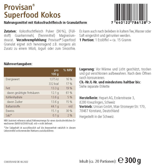 PROVISAN SUPERFOOD KOKOS – Rückseite mit Etikette und Inhaltsstoffen | MIROMI - Swiss Essentials GmbH