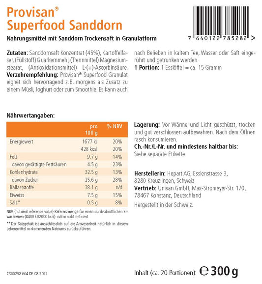 PROVISAN SUPERFOOD SANDDORN – Rückseite mit Etikette und Inhaltsstoffen | MIROMI - Swiss Essentials GmbH