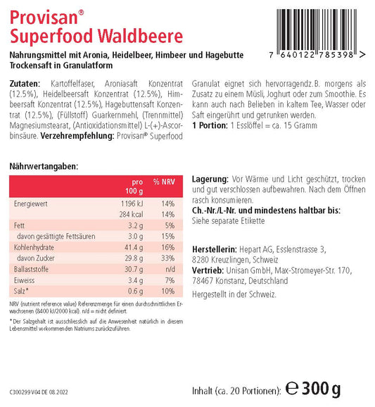 PROVISAN SUPERFOOD WALDBEERE – Rückseite mit Etikette und Inhaltsstoffen | MIROMI - Swiss Essentials GmbH