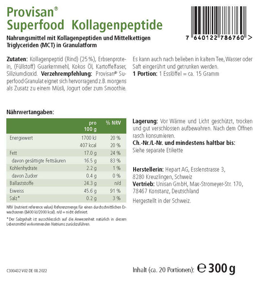 PROVISAN SUPERFOODS KOLLAGENPEPTIDE-MC – Rückseite mit Etikette und Inhaltsstoffen | MIROMI - Swiss Essentials GmbH