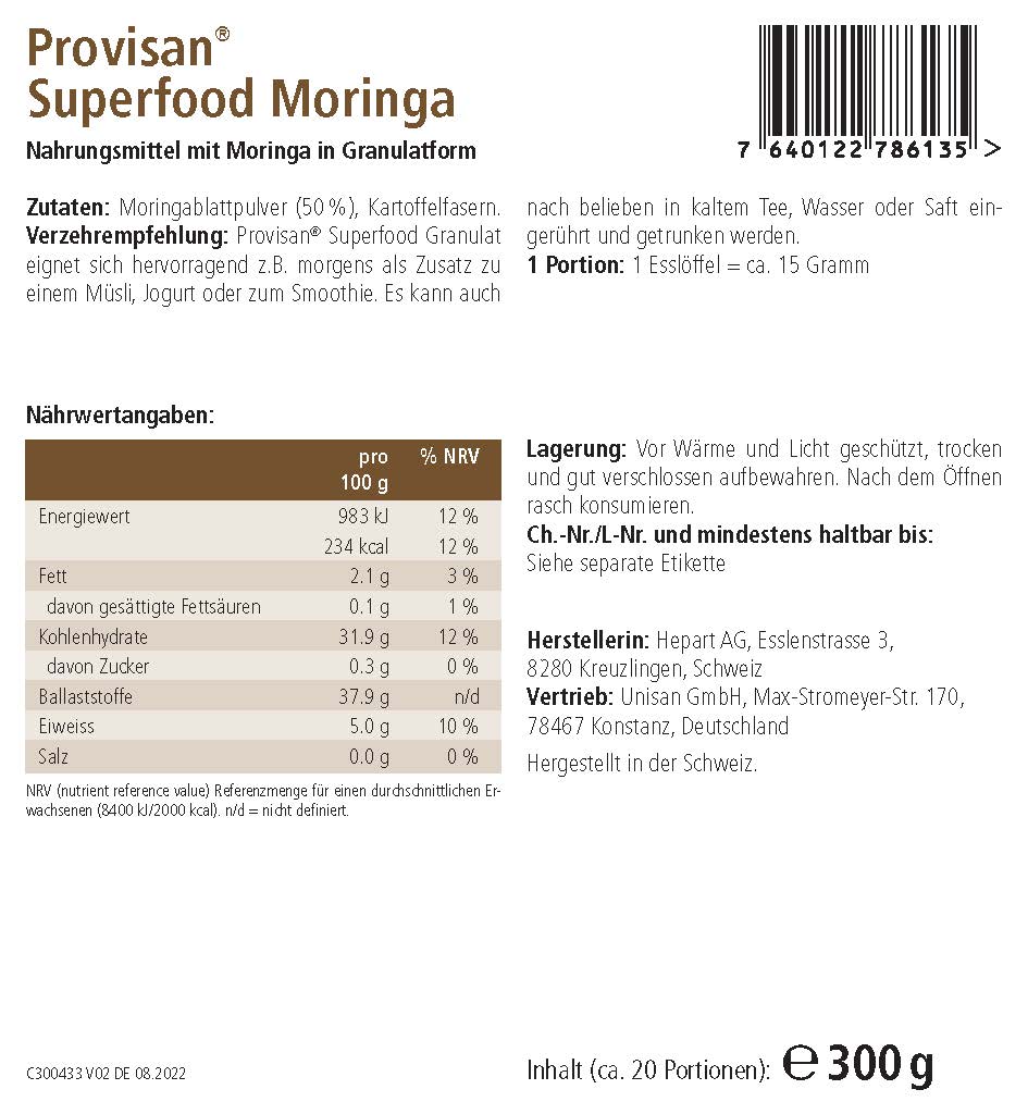 PROVISAN SUPERFOODS MORINGA – Rückseite mit Etikette und Inhaltsstoffen | MIROMI - Swiss Essentials GmbH