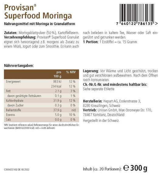 PROVISAN SUPERFOODS MORINGA – Rückseite mit Etikette und Inhaltsstoffen | MIROMI - Swiss Essentials GmbH