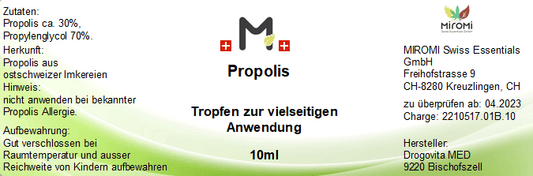 Propolis – Rückseite mit Etikette und Inhaltsstoffen | MIROMI - Swiss Essentials GmbH
