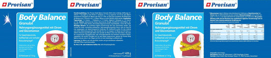 Provisan Body Balance Granulat (Stickpacks) – Rückseite mit Etikette und Inhaltsstoffen | MIROMI - Swiss Essentials GmbH