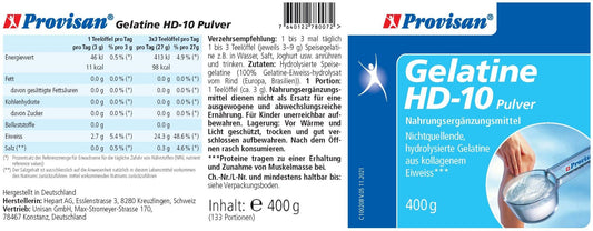 Provisan Gelatine HD-10 Pulver – Rückseite mit Etikette und Inhaltsstoffen | MIROMI - Swiss Essentials GmbH