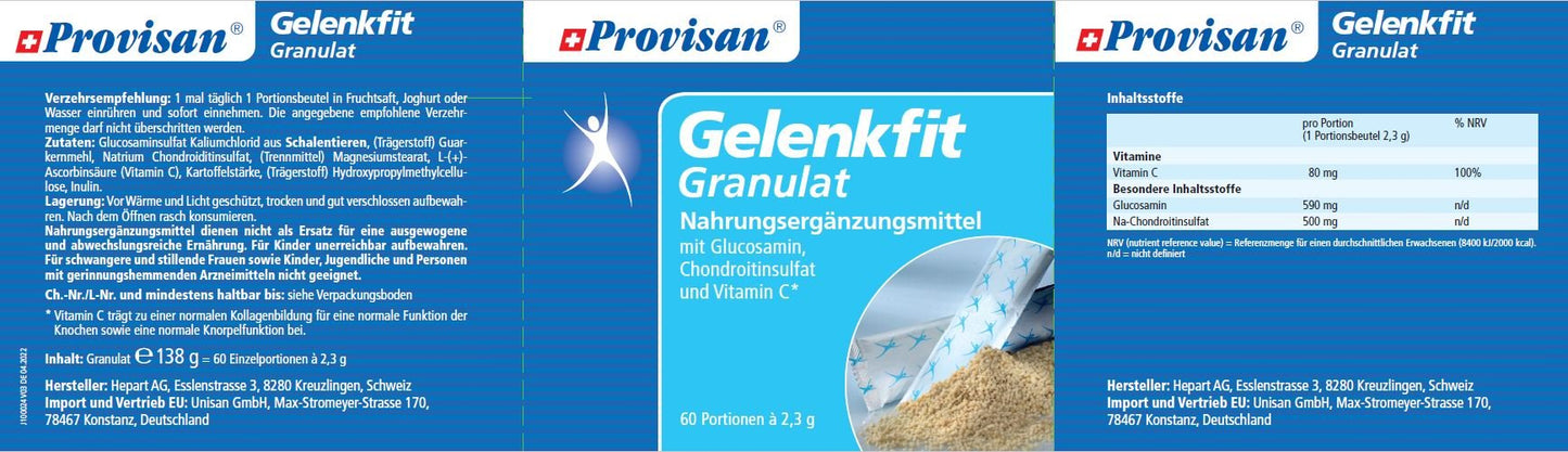 Provisan Gelenkfit Granulat – Rückseite mit Etikette und Inhaltsstoffen | MIROMI - Swiss Essentials GmbH