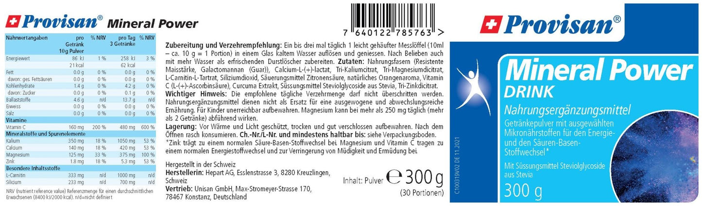 Provisan Mineral Power, 300 g: Etikett mit Produktangaben.