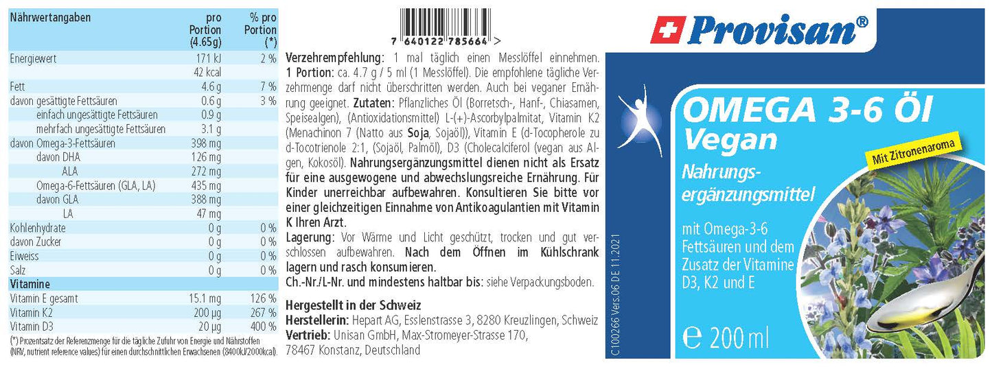 Provisan Omega 3-6, 200 ml: etichetta con informazioni sul prodotto.