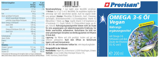 Provisan Omega 3-6 Öl (Vegan) – Rückseite mit Etikette und Inhaltsstoffen | MIROMI - Swiss Essentials GmbH
