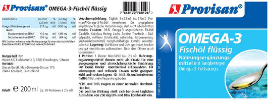 Provisan Omega-3 Fischöl flüssig – Rückseite mit Etikette und Inhaltsstoffen | MIROMI - Swiss Essentials GmbH
