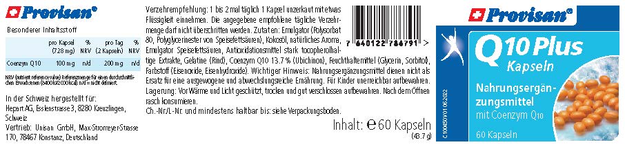 Provisan Q10 Plus Kapseln – Rückseite mit Etikette und Inhaltsstoffen | MIROMI - Swiss Essentials GmbH