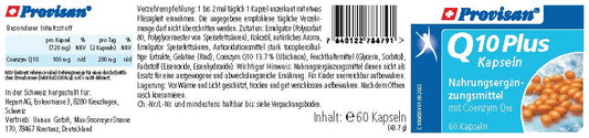 Provisan Q10 Plus Kapseln – Rückseite mit Etikette und Inhaltsstoffen | MIROMI - Swiss Essentials GmbH