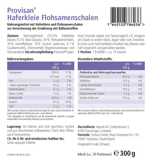 Provisan Superfood Haferkleie Flohsamenschalen – Rückseite mit Etikette und Inhaltsstoffen | MIROMI - Swiss Essentials GmbH