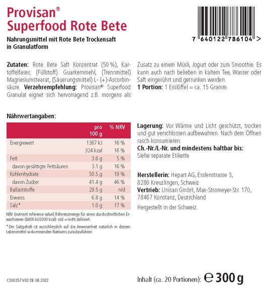 Provisan Superfood Rote Bete – Rückseite mit Etikette und Inhaltsstoffen | MIROMI - Swiss Essentials GmbH