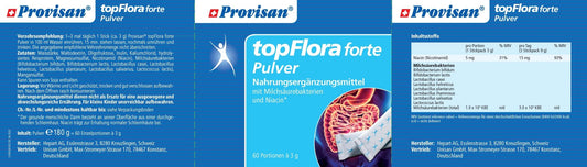 Provisan Topflora Forte Pulver (Stickpacks) – Rückseite mit Etikette und Inhaltsstoffen | MIROMI - Swiss Essentials GmbH