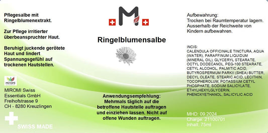 Ringelblumen Salbe – Rückseite mit Etikette und Inhaltsstoffen | MIROMI - Swiss Essentials GmbH