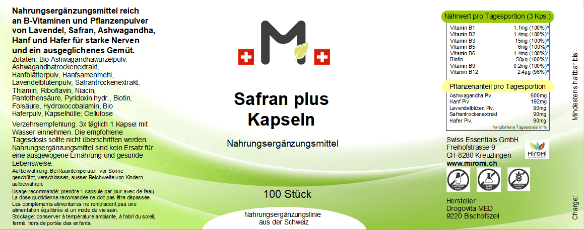 MIROMI Safran plus, 100 pièces: étiquette avec les informations produit.