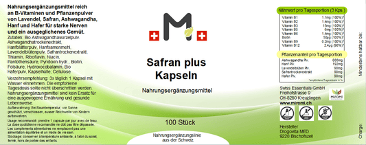 Safran plus Kapseln – Rückseite mit Etikette und Inhaltsstoffen | MIROMI - Swiss Essentials GmbH