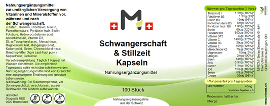 Schwangerschaft & Stillzeit Kapseln – Rückseite mit Etikette und Inhaltsstoffen | MIROMI - Swiss Essentials GmbH