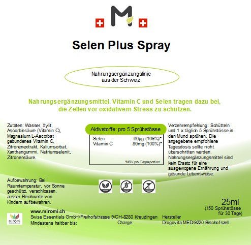 Selen plus Spray – Rückseite mit Etikette und Inhaltsstoffen | MIROMI - Swiss Essentials GmbH