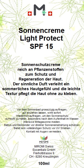 Sonnencreme Light Protect SPF 15 – Rückseite mit Etikette und Inhaltsstoffen | MIROMI - Swiss Essentials GmbH