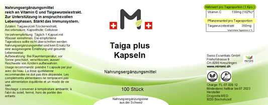Taiga plus Kapseln – Rückseite mit Etikette und Inhaltsstoffen | MIROMI - Swiss Essentials GmbH