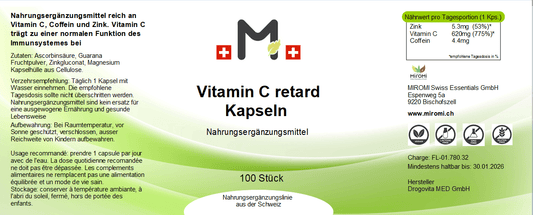 Vitamin C retard Kapseln – Rückseite mit Etikette und Inhaltsstoffen | MIROMI - Swiss Essentials GmbH