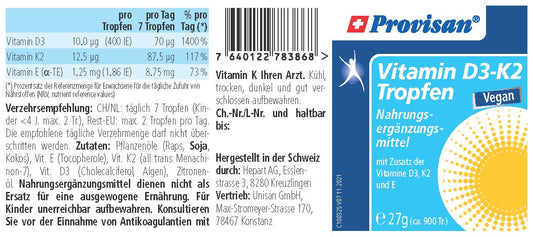 Vitamin D3-K2 Tropfen (Vegan) – Rückseite mit Etikette und Inhaltsstoffen | MIROMI - Swiss Essentials GmbH