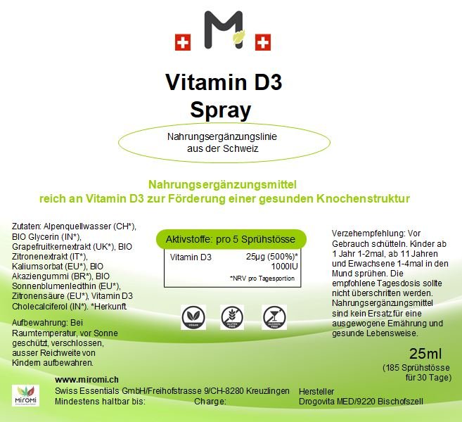 Vitamin D3 Spray – Rückseite mit Etikette und Inhaltsstoffen | MIROMI - Swiss Essentials GmbH